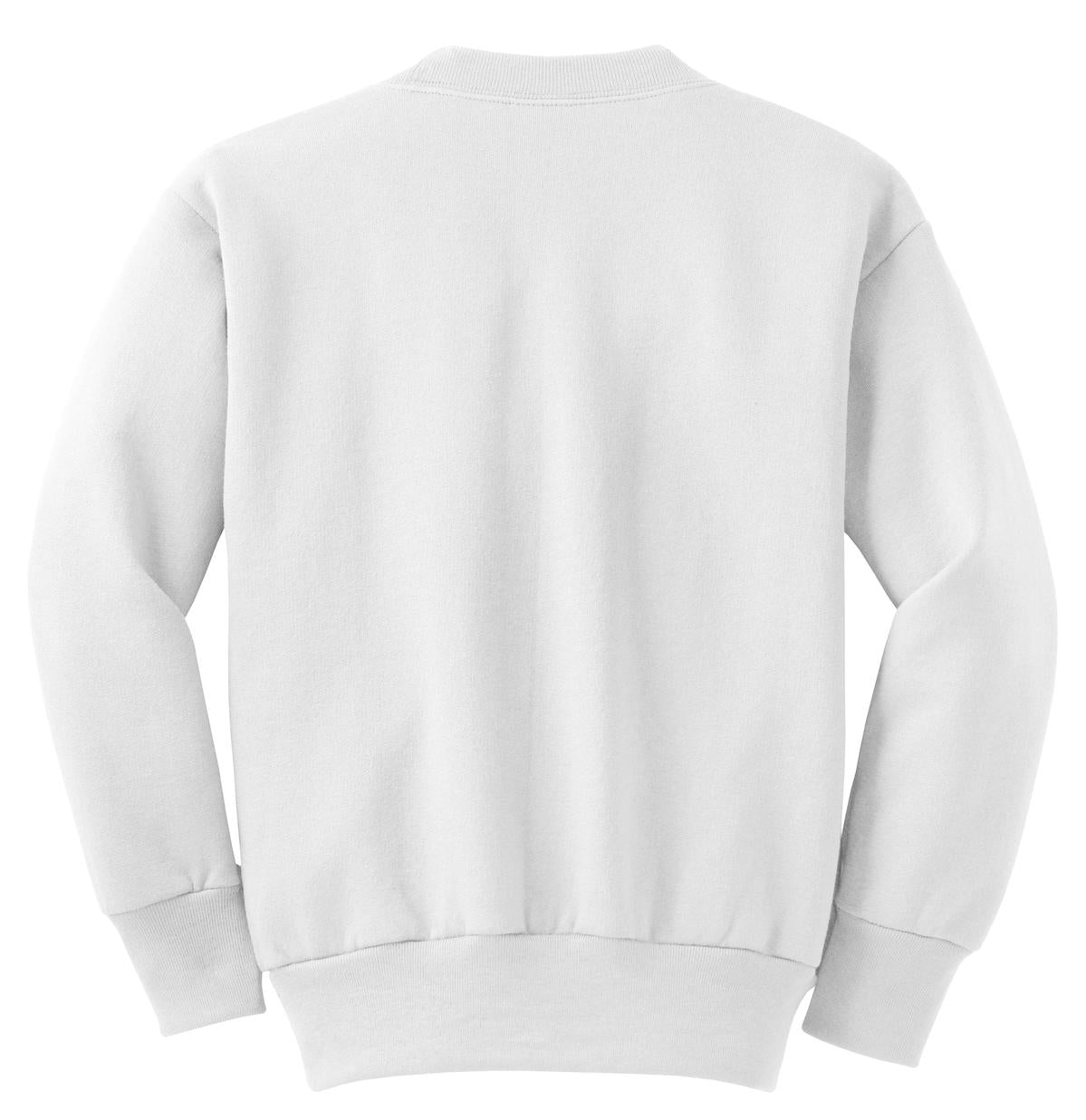 Rear View of White Port & Company Youth Core Fleece Crewneck Sweatshirt. PC90Y