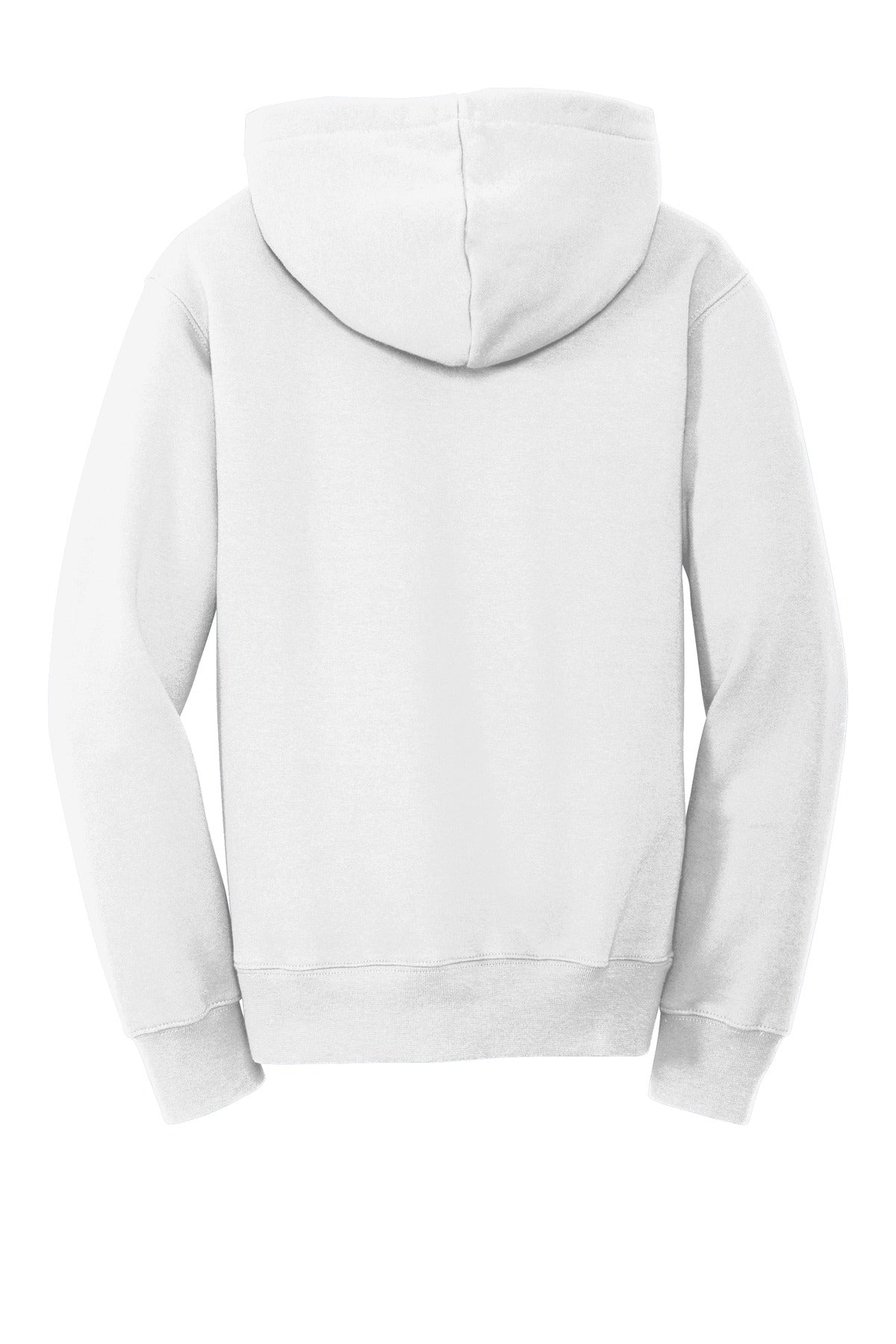 Rear View of White Port & Company Youth Fan Favorite Fleece Pullover Hooded Sweatshirt. PC850YH