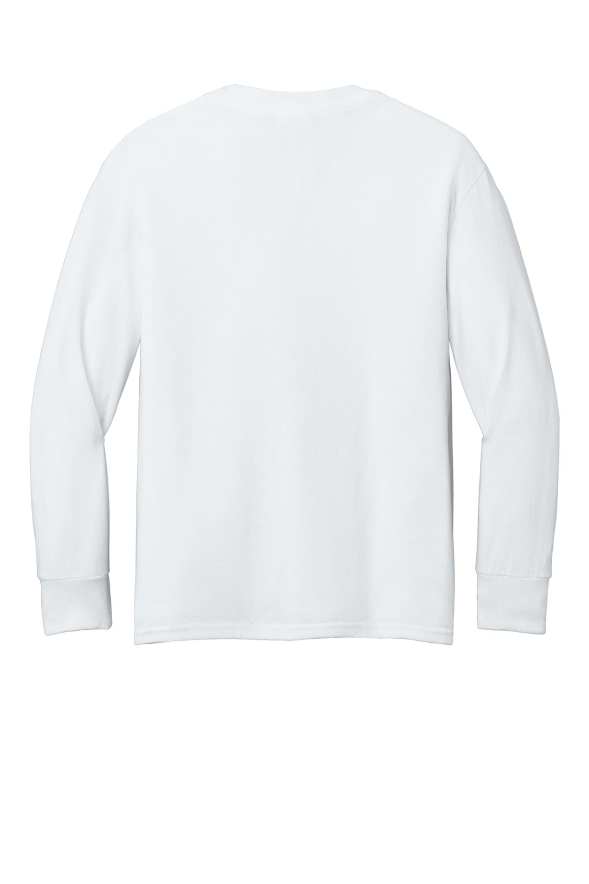 Rear View of White Port & Company Youth Long Sleeve Core Cotton Tee. PC54YLS