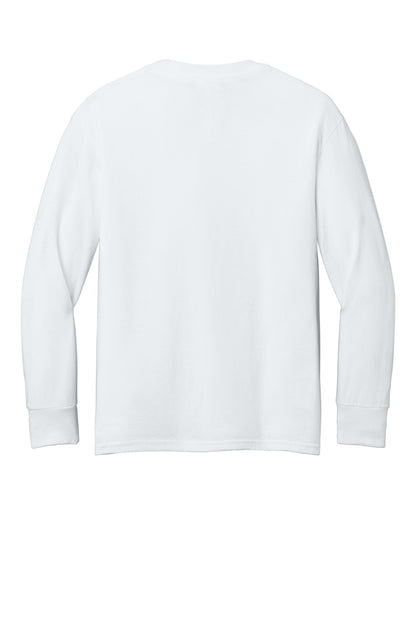 Rear View of White Port & Company Youth Long Sleeve Core Cotton Tee. PC54YLS