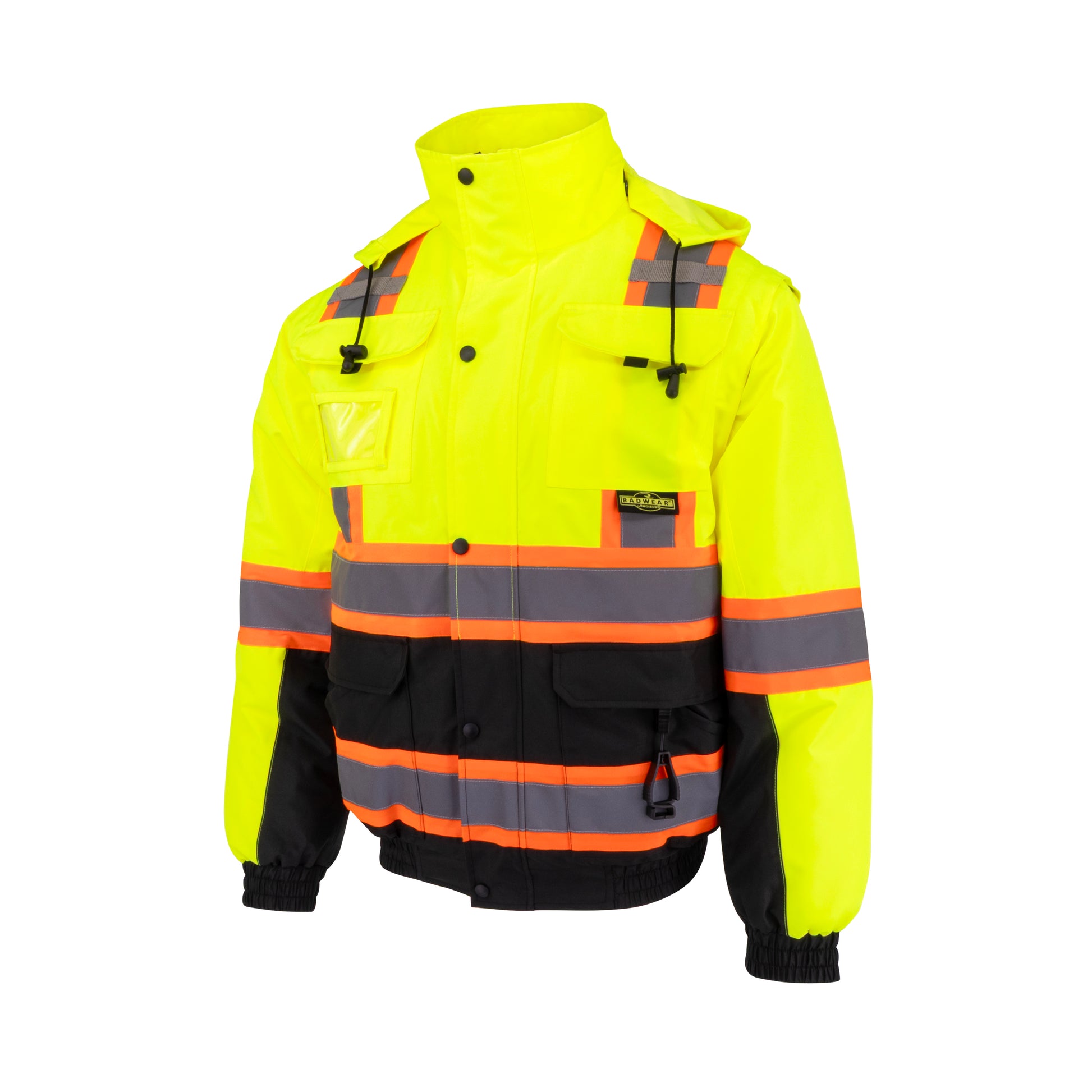 SJ511B Class 3 Hi-Vis Hooded Bomber Jacket with Removable Sleeves - Green / Black - Size XL