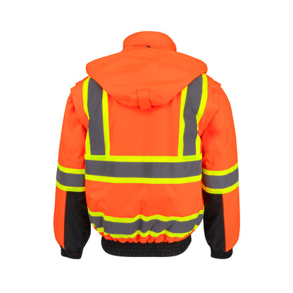 SJ511B Class 3 Hi-Vis Hooded Bomber Jacket with Removable Sleeves - Green / Black - Size 2X