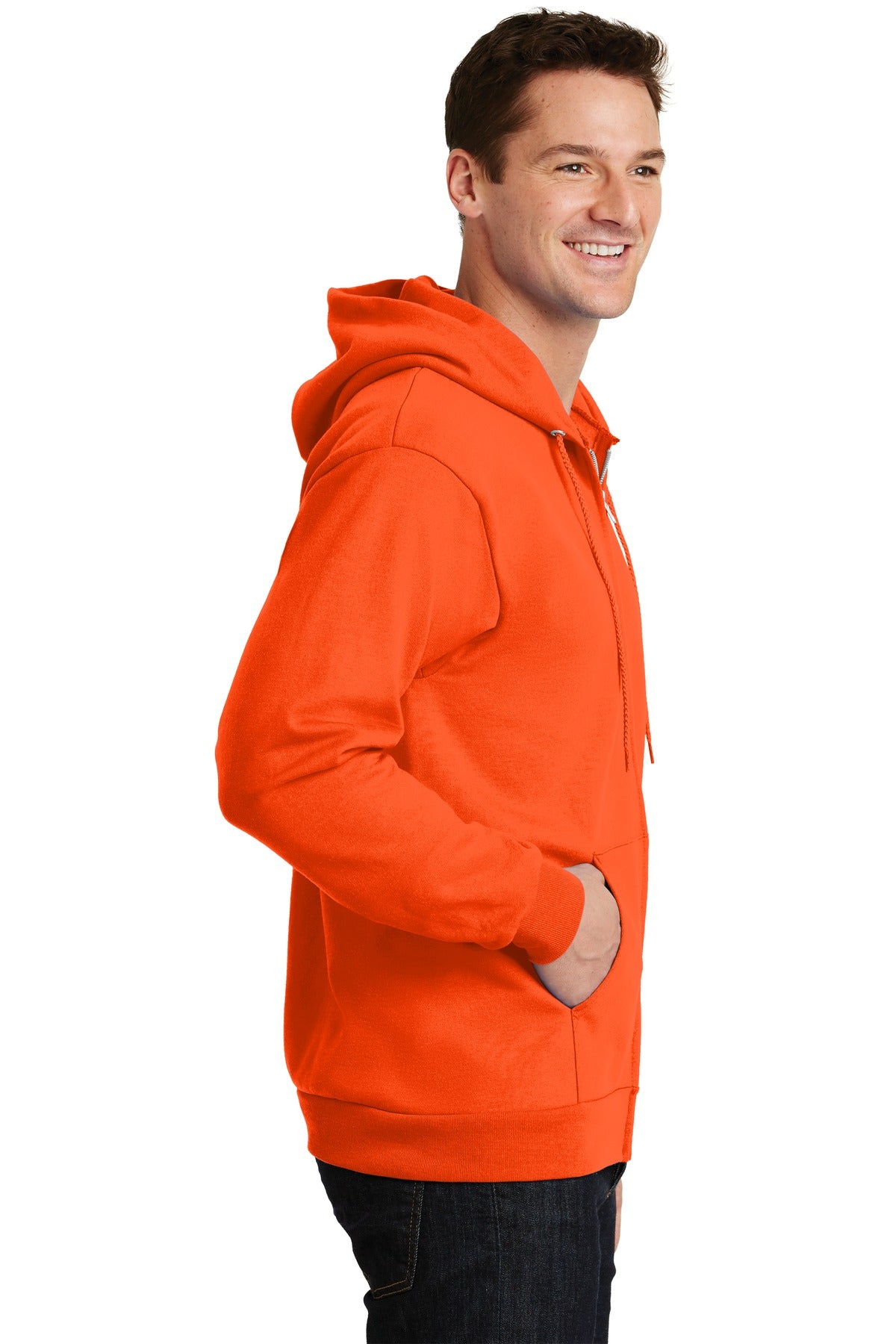 Safety Orange Port & Company Essential Fleece Full-Zip Hooded Sweatshirt. PC90ZH