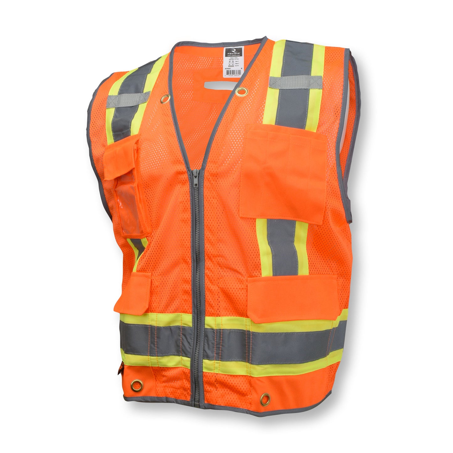 SV6H Type R Class 2 Heavy Duty Two Tone Mesh Surveyor Vest with Solid Pockets - Orange - Size XL