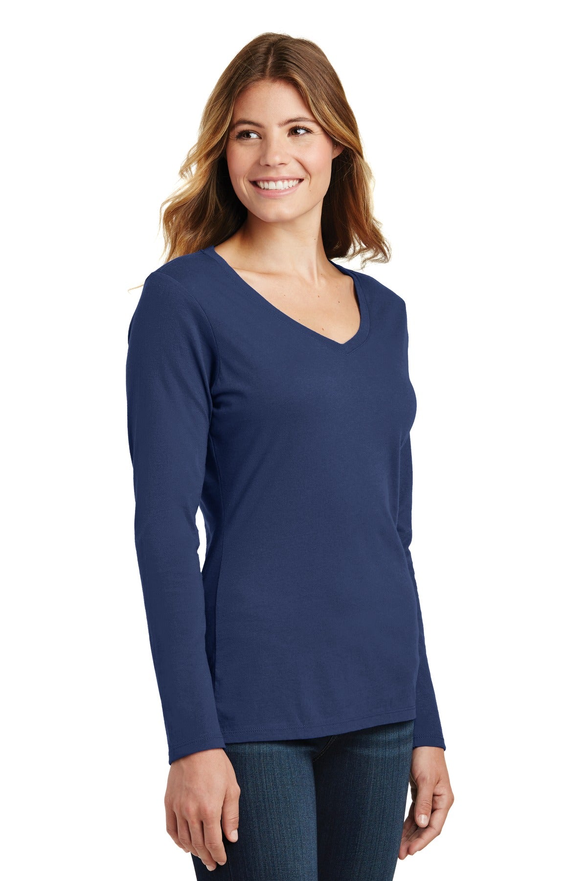 Team Navy Port & Company Women's Long Sleeve Fan Favorite V-Neck Tee. LPC450VLS