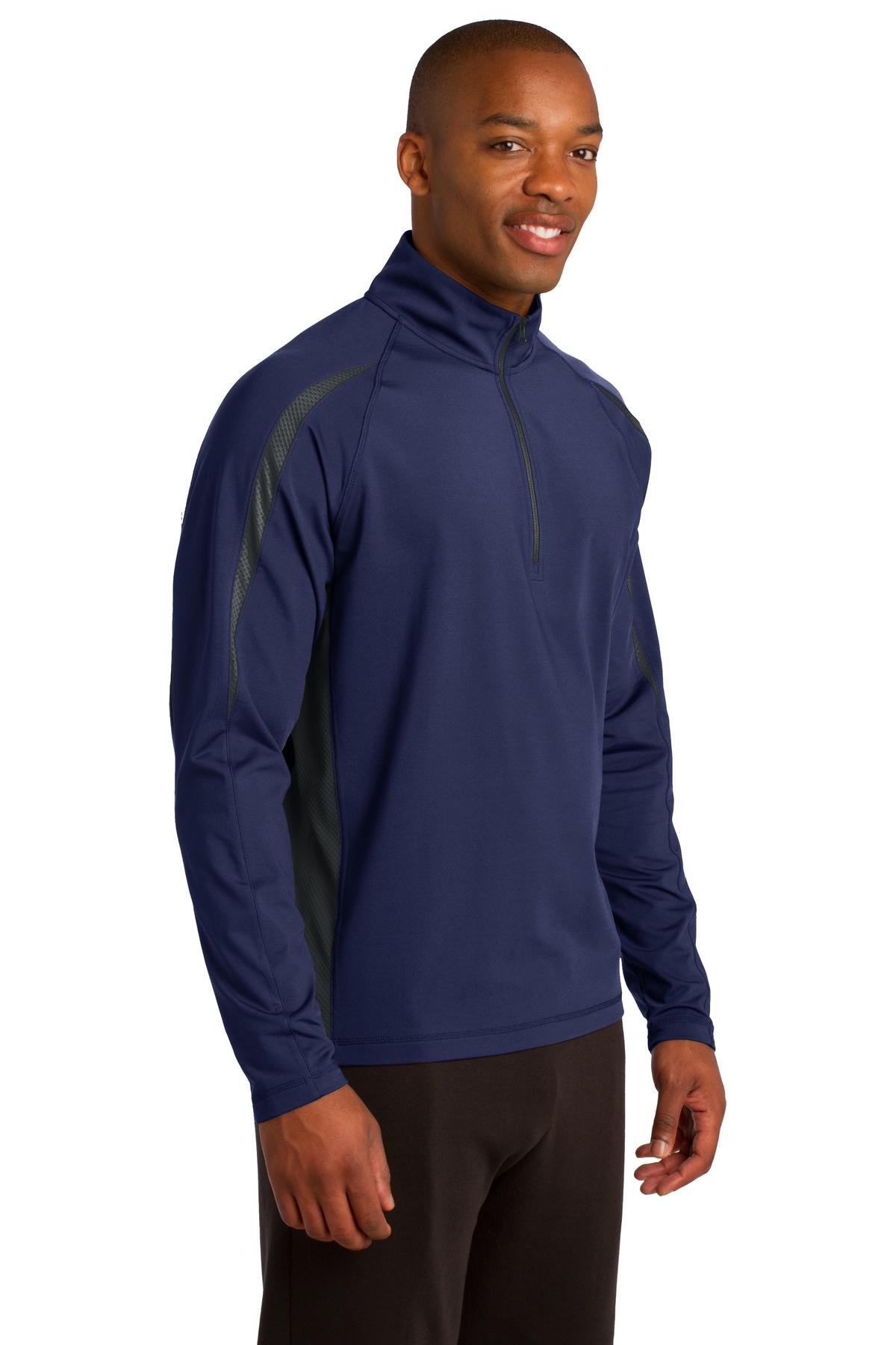 Tr Nvy/Char Gy Sport-Tek Sport-Wick Stretch 1/2-Zip Colorblock Pullover. ST851