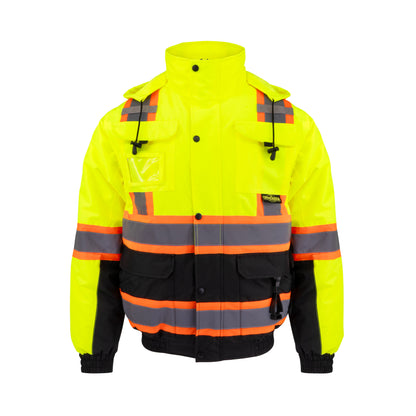 SJ511B Class 3 Hi-Vis Hooded Bomber Jacket with Removable Sleeves - Green / Black - Size 2X