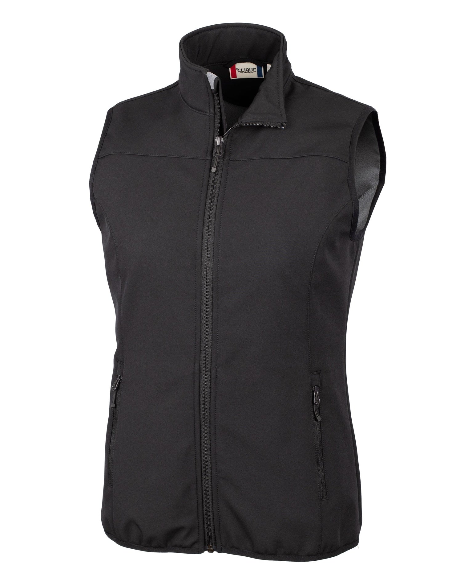 Front View of Black Clique Trail Eco Stretch Softshell Women's Full Zip Vest  - XS