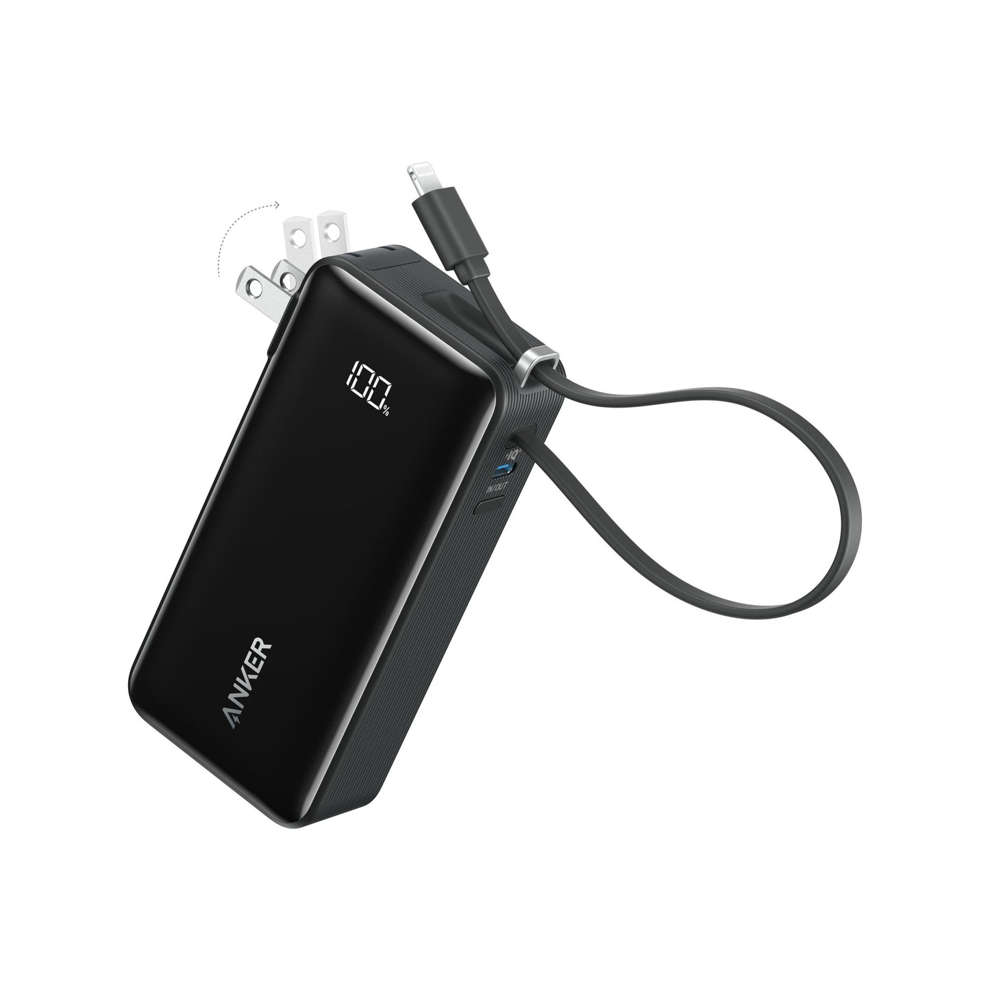 Black Anker Power Bank (10K, Fusion, Built-In Cable)