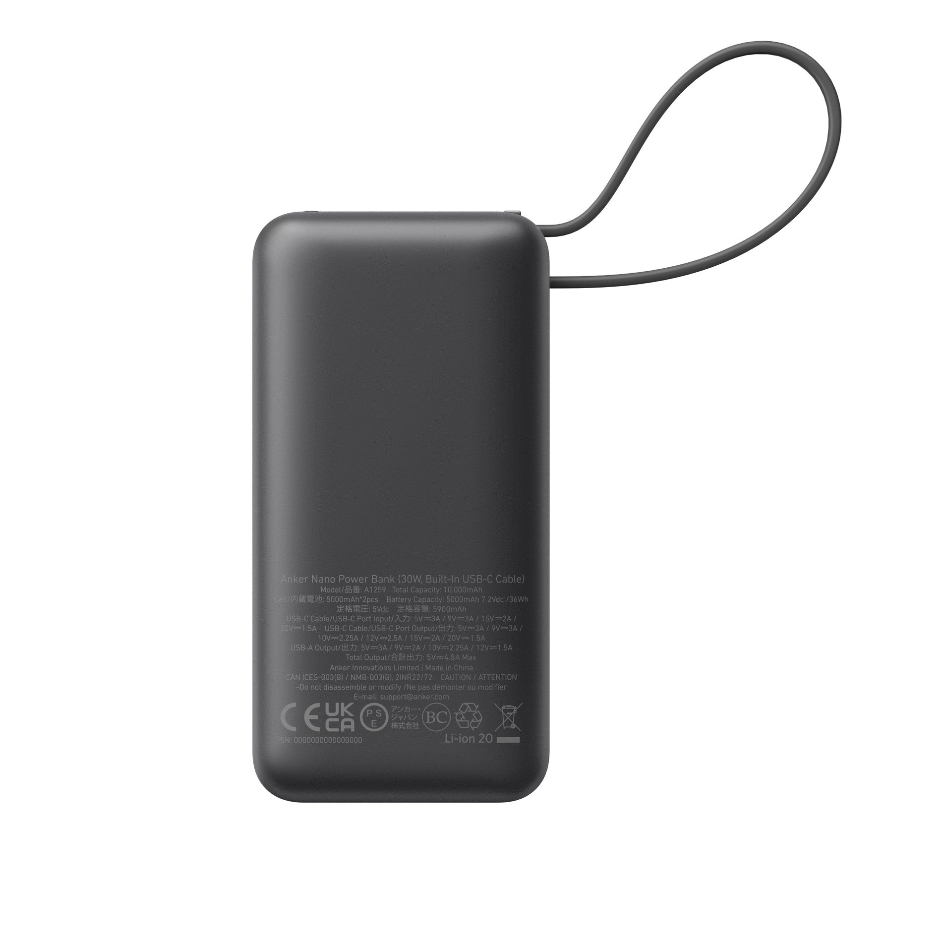 Black Anker® Nano Power Bank(30W,Built-In USB-C Cable)