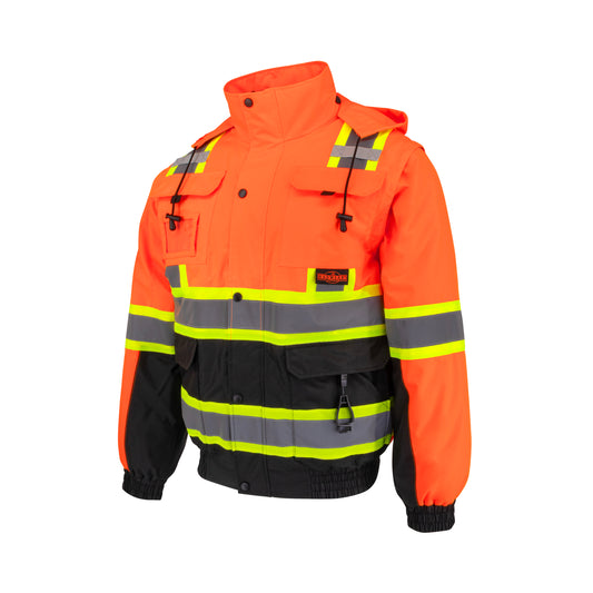 SJ511B Class 3 Hi-Vis Hooded Bomber Jacket with Removable Sleeves - Orange / Black - Size XL