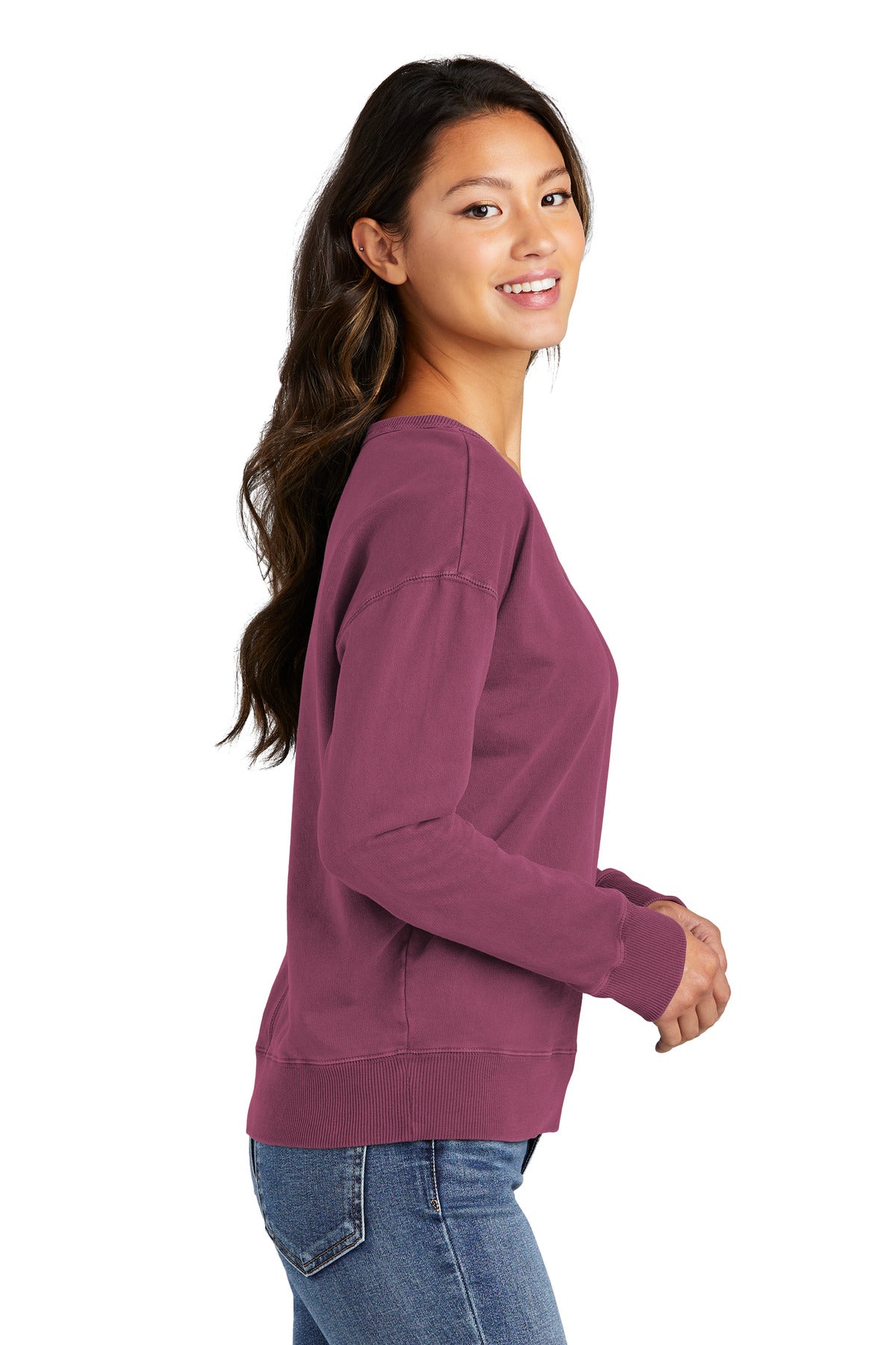 VtgRaspbry Port & Company Women's Beach Wash Garment-Dyed V-Neck Sweatshirt LPC098V