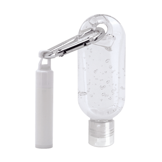 1.9 oz Clear Sanitizer with Carabiner attached to SPF 15 Lip Balm