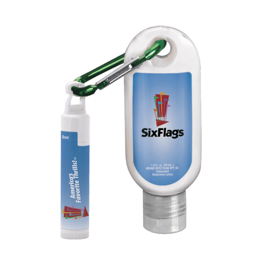 1.9 oz SPF 30 Sunscreen with Carabiner and SPF 15 Lip Balm in White Tube with Hook Cap