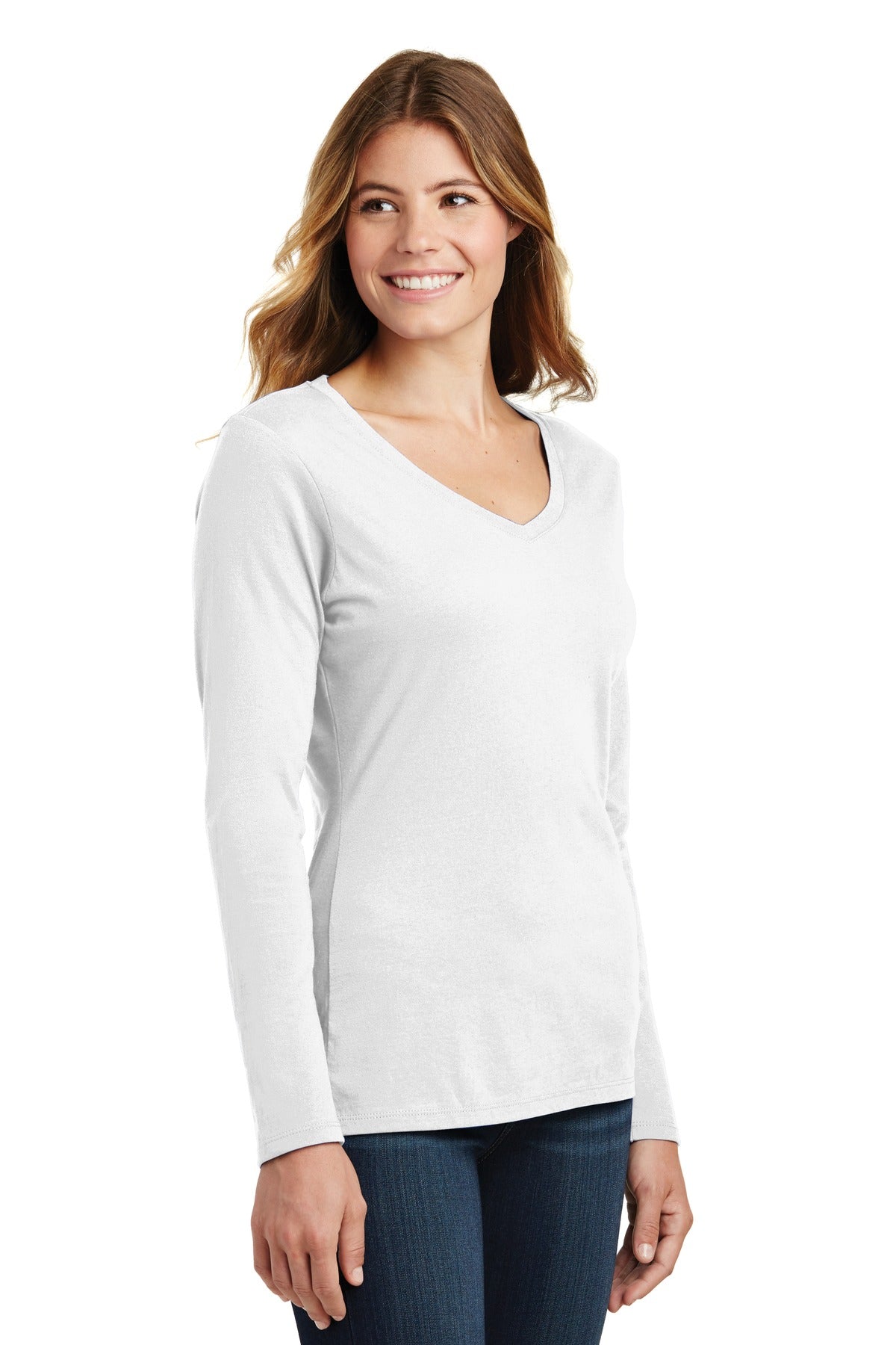 White Port & Company Women's Long Sleeve Fan Favorite V-Neck Tee. LPC450VLS