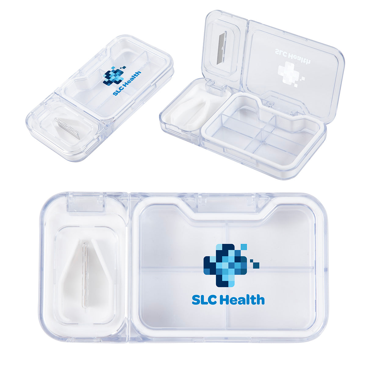 White Cache 4-Compartment Pill Box with Tablet Cutter