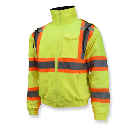 SJ11QX-3 Class 3 X-Back High Visibility Quilted Bomber Jacket with Hood - Hi Vis Lime - XL