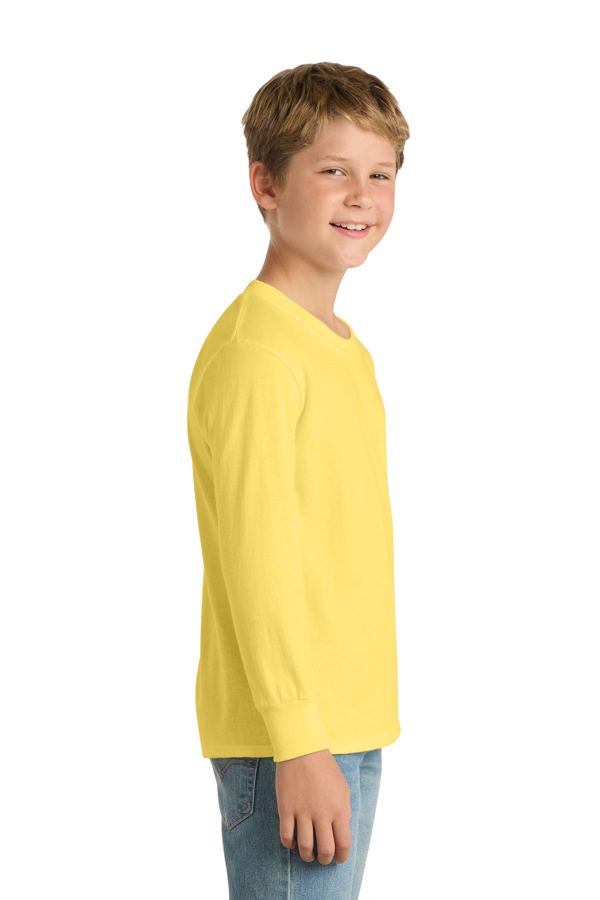Yellow Port & Company Youth Long Sleeve Core Cotton Tee. PC54YLS